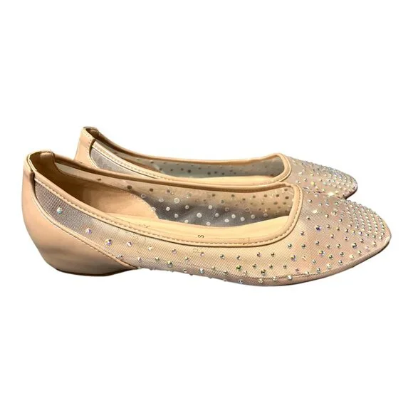 Beige Crystal Embellished Mesh Follis Strass Ballerina Flats - Picture 5 of 12